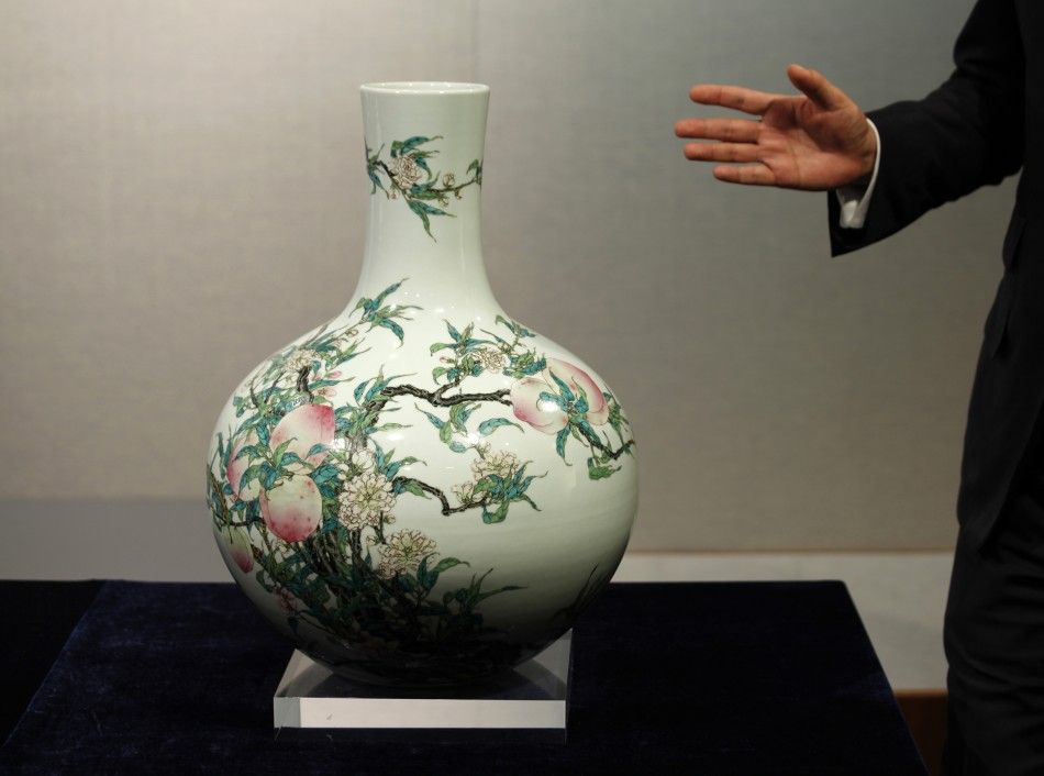 A peach vase is shown at Sothebys preview in Hong Kong