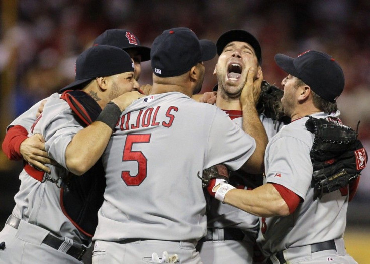 Cardinals&#039; Carpenter celebrates winning their MLB baseball playoff game against the Phillies in Philadelphia