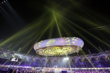 A general view shows the illuminated Jawaharlal Nehru Stadium