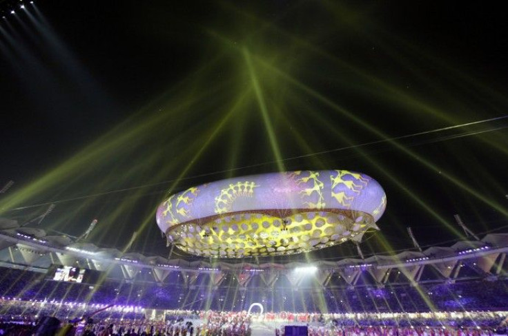 A general view shows the illuminated Jawaharlal Nehru Stadium