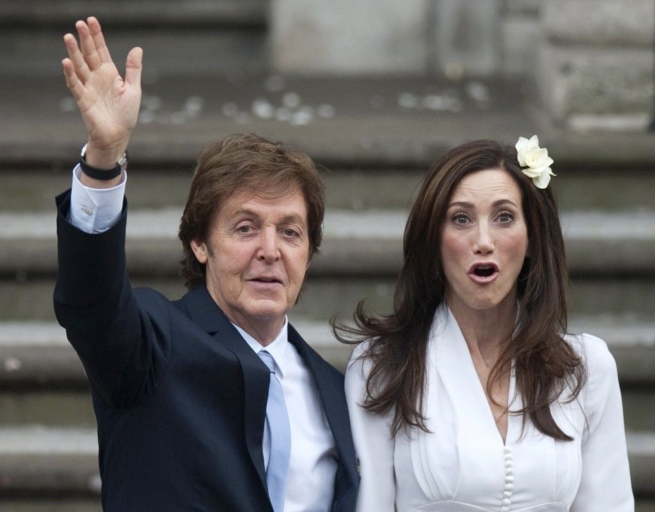 Singer Paul McCartney and his bride Nancy Shevell arrive for their marriage ceremony at Old Marylebone Town Hall in London