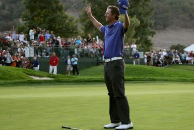 U.S. golfer Bryce Molder celebrates after winning the Frys.com Open after six holes of a sudden death playoff in San Martin, California