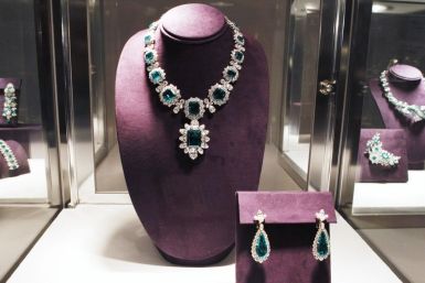 An emerald and diamond necklace by Bvlgari is pictured at the press preview for Christie&#039;s auction of The Collection of Elizabeth Taylor in Los Angeles