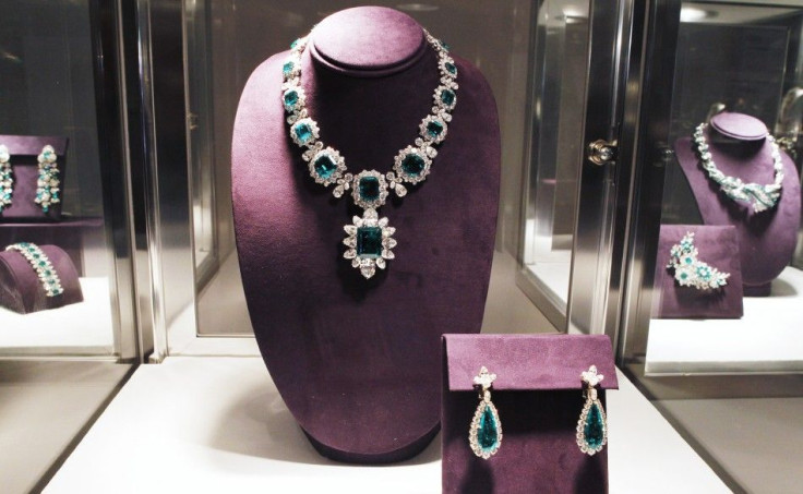 An emerald and diamond necklace by Bvlgari is pictured at the press preview for Christie&#039;s auction of The Collection of Elizabeth Taylor in Los Angeles