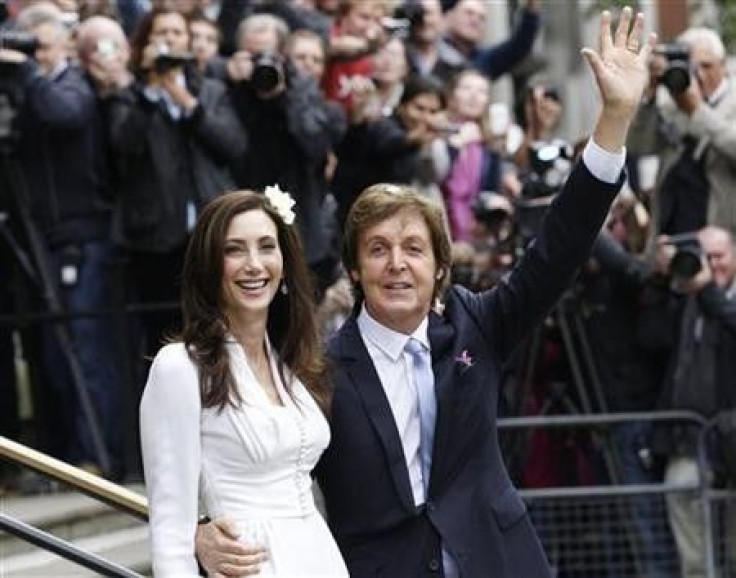 Singer Paul McCartney and his bride Nancy Shevell leave after their marriage ceremony at Old Marylebone Town Hall in London
