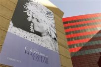 A large poster of the late actress Elizabeth Taylor is pictured at the press preview for Christie&#039;s auction of The Collection of Elizabeth Taylor featuring her jewelry, haute couture, fashion, and fine arts at MOCA Pacific Design Center in Los Angele