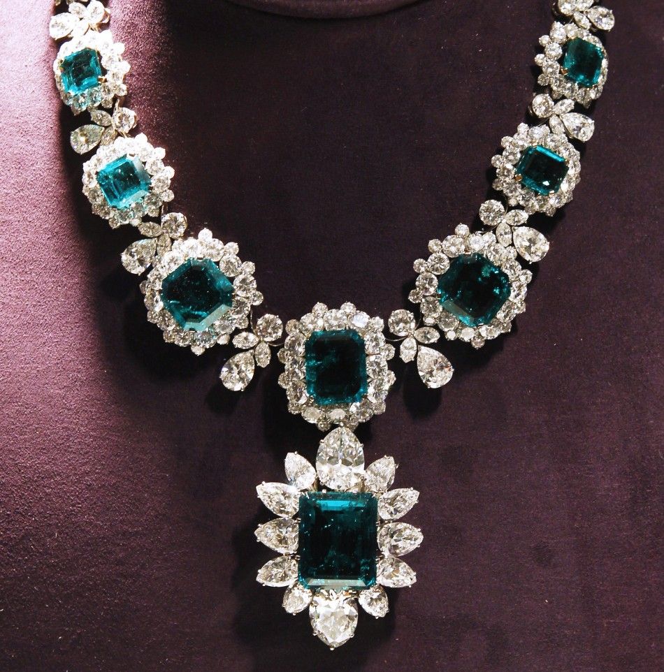 An emerald and diamond necklace by Bvlgari is pictured at the press preview for Christies auction of The Collection of Elizabeth Taylor featuring her jewelry, haute couture, fashion, and fine arts at MOCA Pacific Desgin Center in Los Angeles 