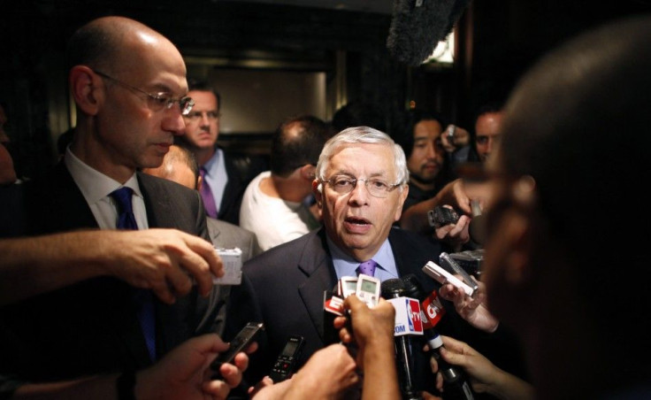 National Basketball Association commissioner Stern answers questions to members of the media outside the Louvell hotel in New York