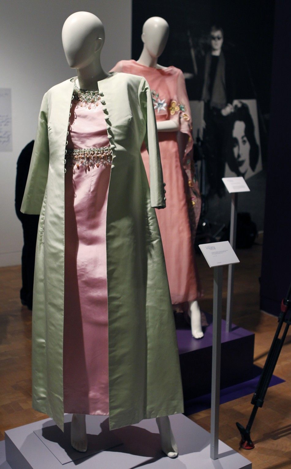 Christian Dior sugar pink paper taffeta evening sheath and pale green silk full-length evening coat.