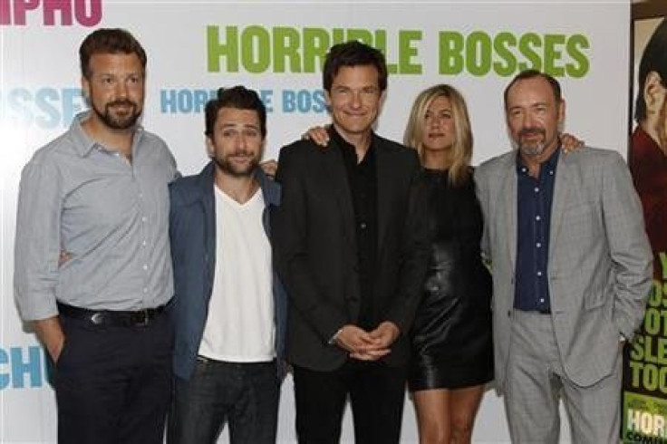 Actors (L-R) Jason Sudeikis, Charlie Day, Jason Bateman, Jennifer Aniston and Kevin Spacey pose during a media event to promote their latest movie &#039;&#039;Horrible Bosses&#039;&#039;, at a hotel in London