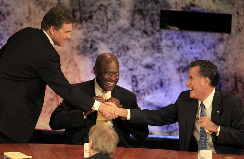 Texas Gov. Rick Perry, Mitt Romney, Herman Cain 