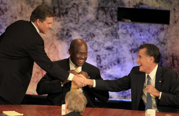 Texas Gov. Rick Perry, Mitt Romney, Herman Cain 