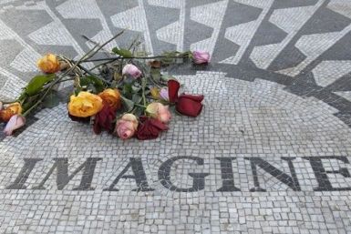A tile mosaic memorializing John Lennon is seen in the Strawberry Fields section of Central Park, New York