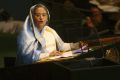 Prime Minister of Bangladesh Hasina speaks during the 64th United Nations General Assembly in New York