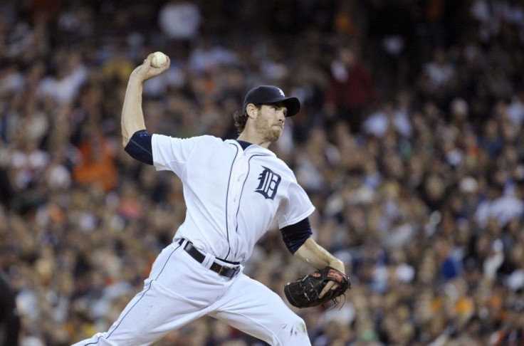 Detroit Tigers starting pitcher Doug Fister throws against the Texas Rangers in the seventh inning of Game 3 of the MLB American League Championship Series baseball playoffs in Detroit