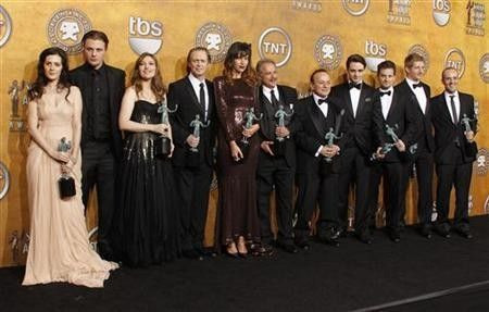 The cast of "Boardwalk Empire" pose with their Screen Actors Guild Award for best drama series at the 17th annual Screen Actors Guild Awards in Los Angeles, California