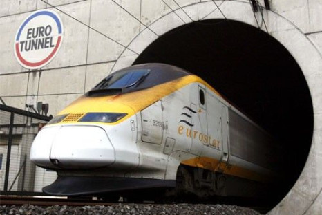 A high-speed Eurostar train leaves the Channel tunnel near the Eurotunnel terminal of Coquelles near Calais, northern France