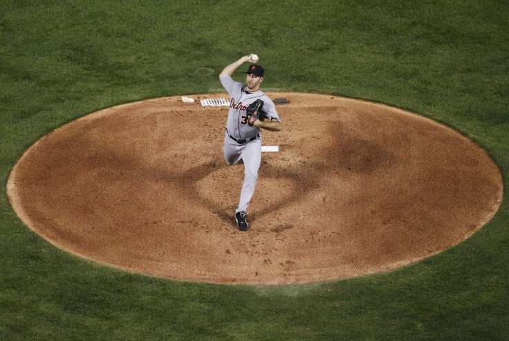 Detroit Tigers pitcher Verlander throws against the Detroit Tigers in the first inning in Game 1 of their MLB American League Championship Series baseball playoffs in Arlington