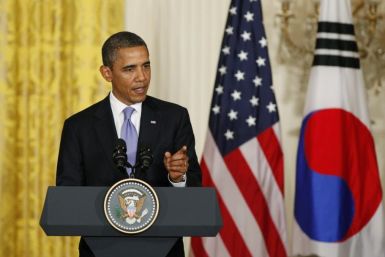 U.S. President Barack Obama and South Korean President Lee Myung-bak hold a joint press conference in the East Room of the White House