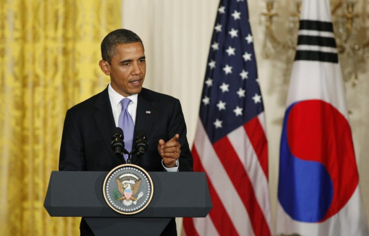 U.S. President Barack Obama and South Korean President Lee Myung-bak hold a joint press conference in the East Room of the White House
