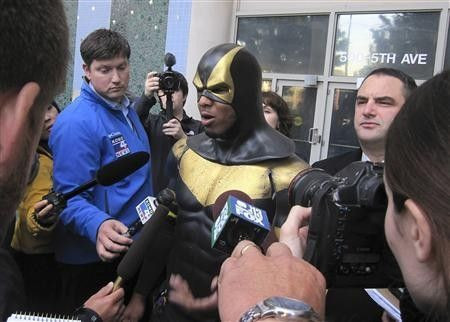 Benjamin Fodor, aka Seattle superhero ''Phoenix Jones'', speaks to the media after making a court appearance in Seattle, Washington