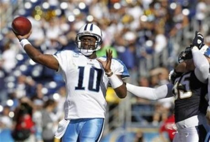 Tennessee Titans quarterback Vince Young (10) passes against the San Diego Chargers during their NFL game in San Diego, California October 31, 2010.