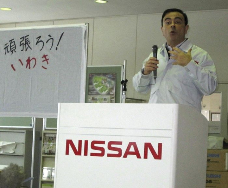 Carlos Ghosn, chairman and chief executive officer of Renault-Nissan Alliance, delivers a speech as he visits a Nissan factory in Iwaki