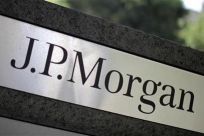A sign is seen outside the JPMorgan office in Los Angeles
