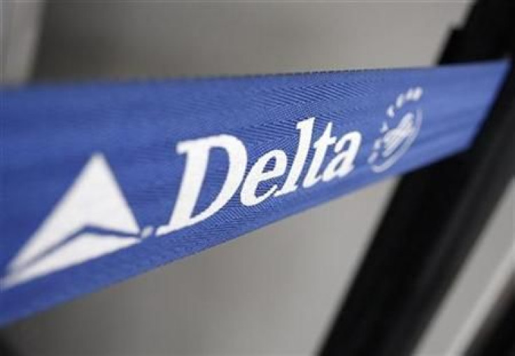 The Delta airline logo is seen on a strap at JFK Airport in New York