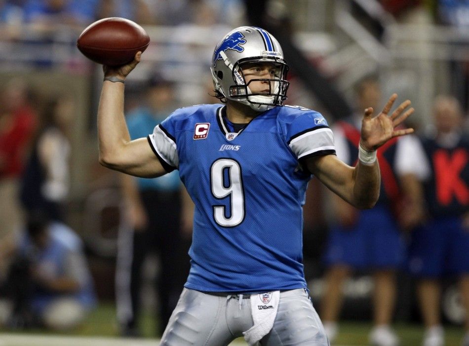 Detroit Lions quarterback Matthew Stafford looks for his receiver during the first half of their NFL Monday Night football game against the Chicago Bears in Detroit,