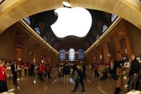 The Apple logo inside the newest Apple Store in New York City's Grand Central Station