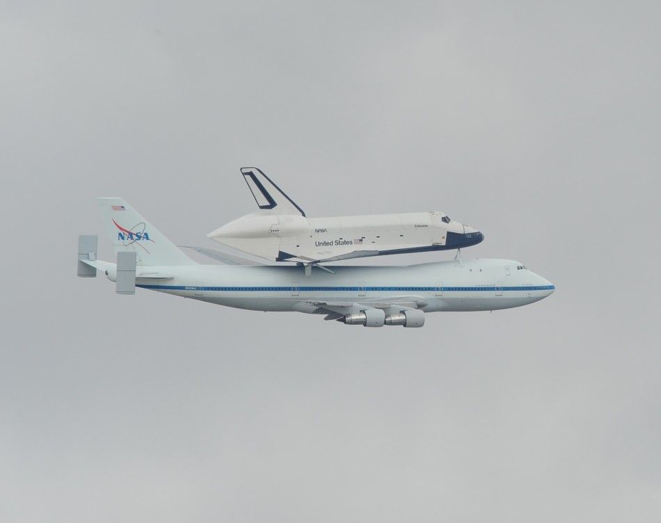 Space shuttle Enterprise approaching New York City 