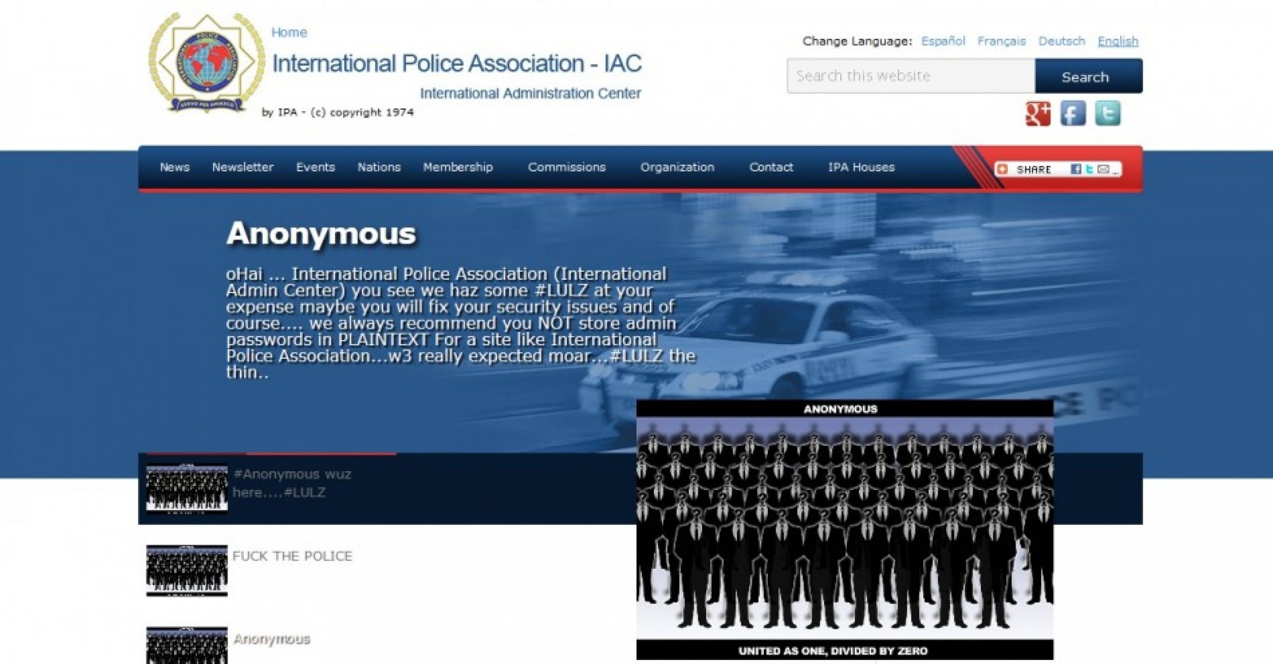 Anonymous Hackers Deface International Police Association Website, FCK THE POLICE PHOTOS