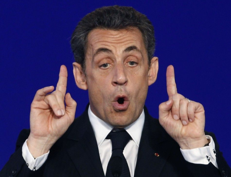 France&#039;s President and UMP party candidate for the 2012 French presidential elections Sarkozy delivers a speech during a political campaign rally in Cernay