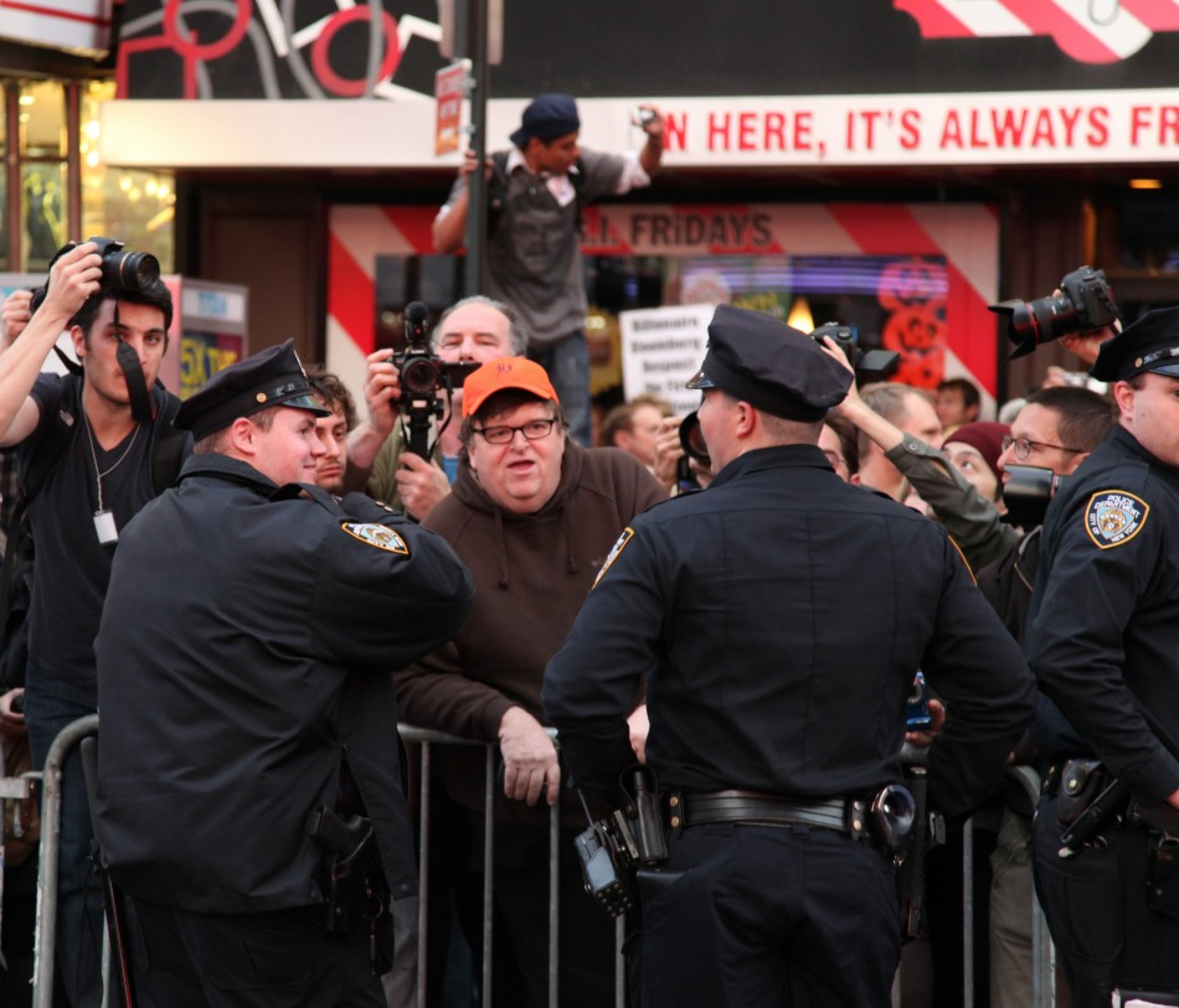 Michael Moore talks to police