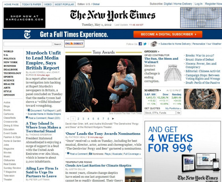 New York Times homepage