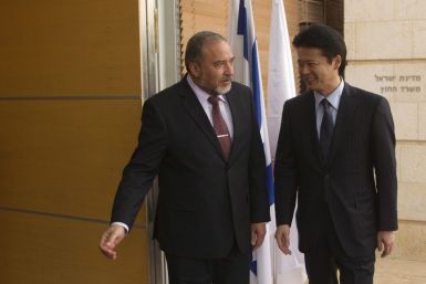 Israel&#039;s Foreign Minister Lieberman stands with his Japanese counterpart Koichiro Gemba in Jerusalem