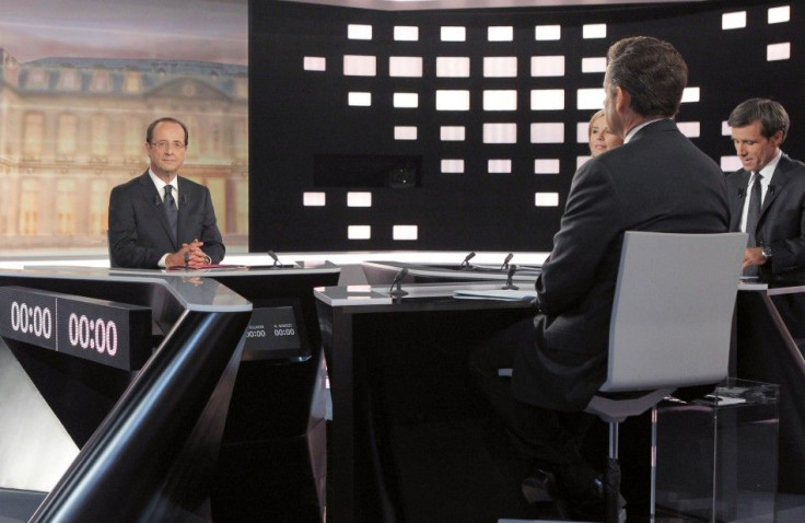 Francois Hollande, Socialist party candidate for the 2012 French presidential election, and Nicolas Sarkozy, France&#039;s President and UMP party candidate for his re-election are seen before their televised debate in La Plaine Saint-Denis