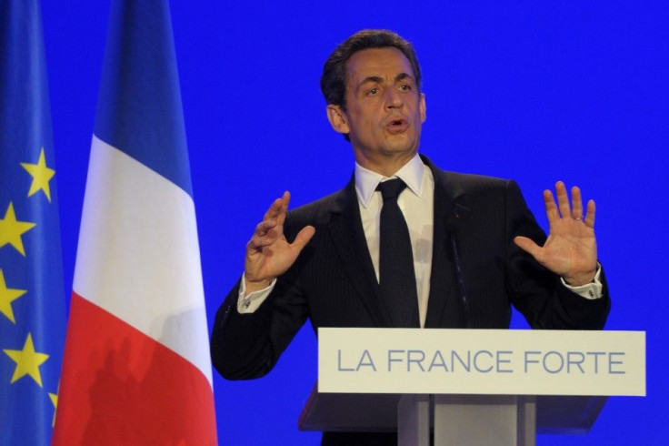 France&#039;s President and UMP party candidate for the 2012 French presidential elections Nicolas Sarkozy delivers a speech during his last campaign rally in Les Sables d&#039;Olonne