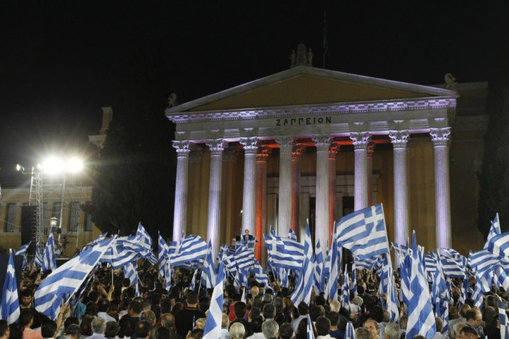 Leader of the New Democracy conservatives party Samaras addresses the audience during a pre-election rally in Athens