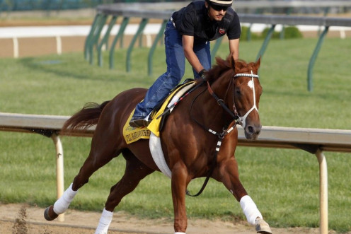 Kentucky Derby and Preakness winner I'll Have Another runs during a pre-race practice session.