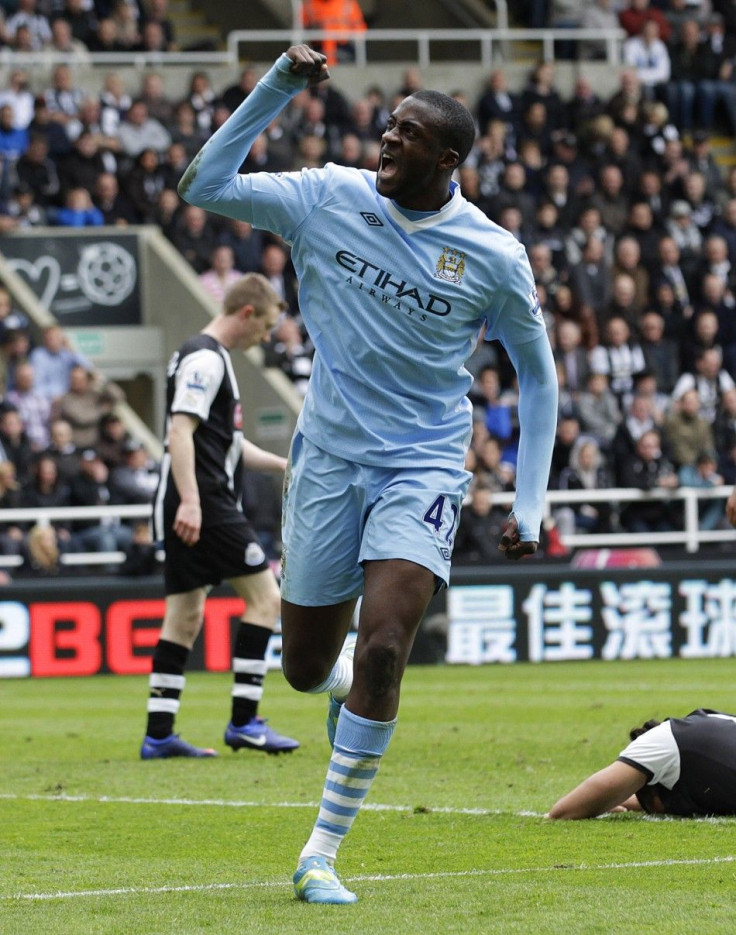 Yaya Toure celebrates his second goal against Newcastle.