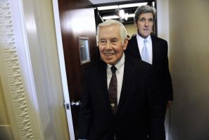 Lugar and Kerry walk out together after a news conference after the Senate ratified the START nuclear arms reduction treaty at the US Capitol in Washington