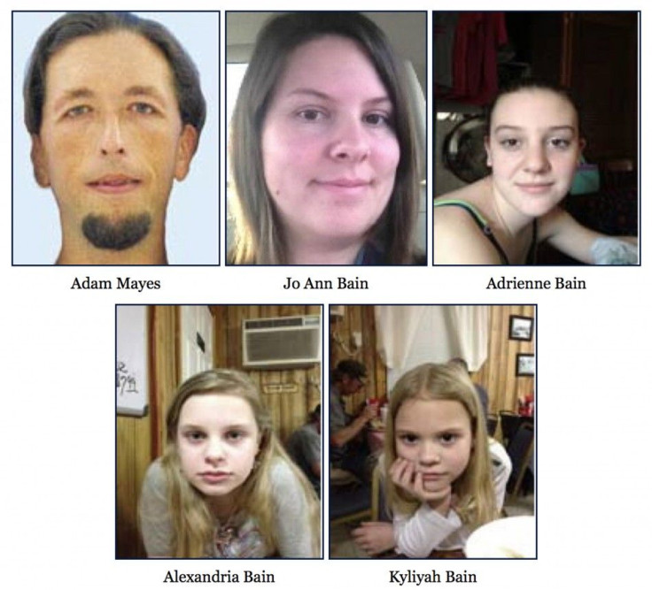 FBI pictures of suspect Adam Mayes and kidnapping victims Jo Ann Bain and her three daughters Kyliyah Bain Alexandria Bain and Adrienne Bain