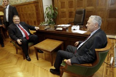 Leader of the Democratic Left party Kouvelis meets leader of the Socialists PASOK party Venizelos in Athens