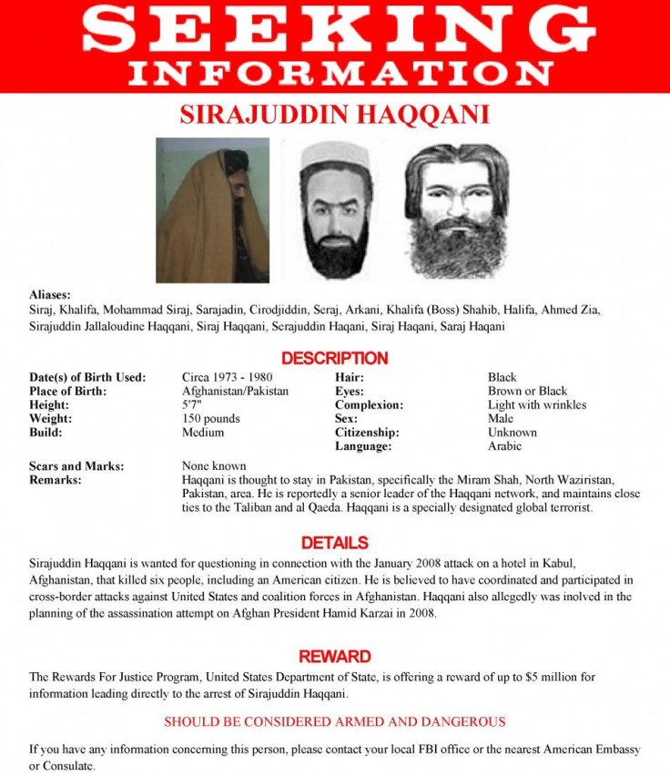 The wanted poster issued by the U.S. Federal Bureau of Investigation for Sirajuddin Haqqani.