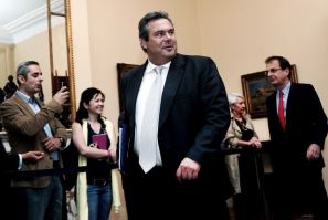 Leader of the Independent Greeks party Panos Kammenos arrives at the presidential palace in Athens