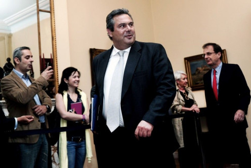 Leader of the Independent Greeks party Panos Kammenos arrives at the presidential palace in Athens