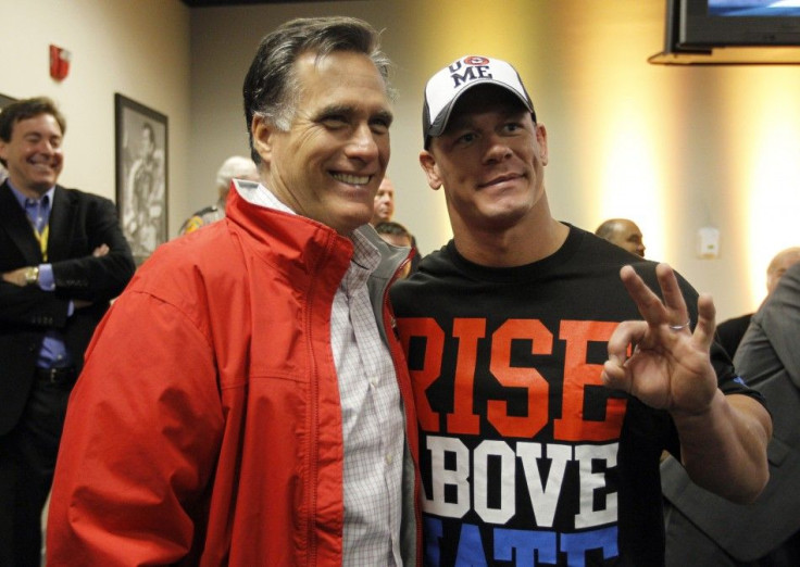 Republican presidential candidate Romney has his picture taken with wrestler John Cena during the NASCAR Sprint Cup Series 54th Daytona 500 race at the Daytona International Speedway in Daytona Beach