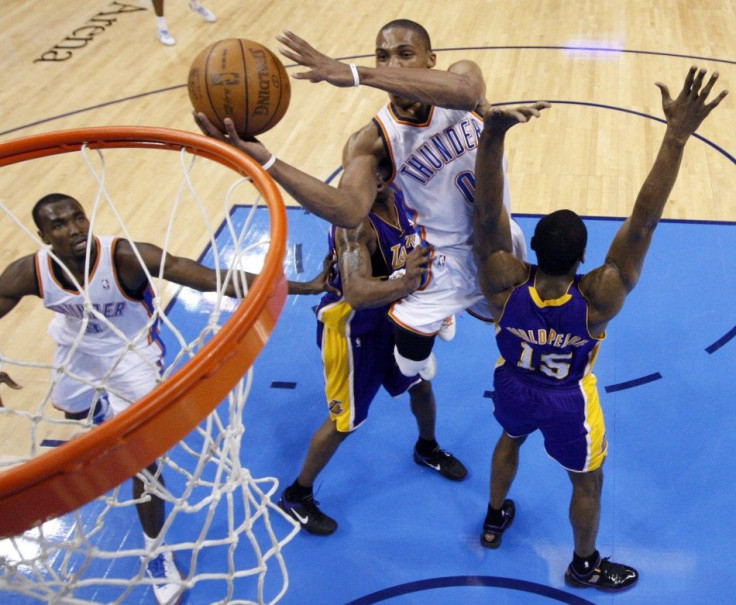 Oklahoma City Thunder&#039;s Russell Westbrook shoots during Game 2 of the NBA Western Conference semi-finals against the Los Angeles Lakers in Oklahoma City